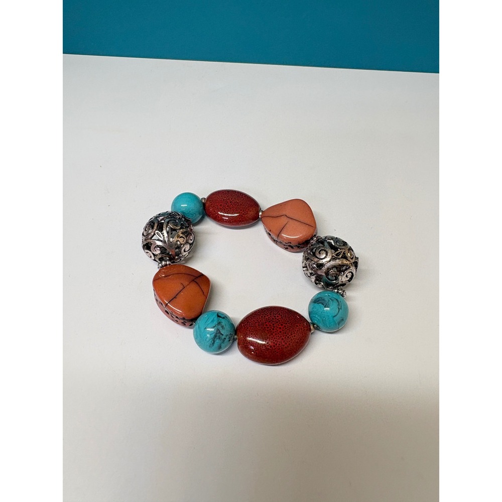 Bohemian Chunky Bead Stretch Bracelet Turquoise Terracotta Silver‎ Filigree